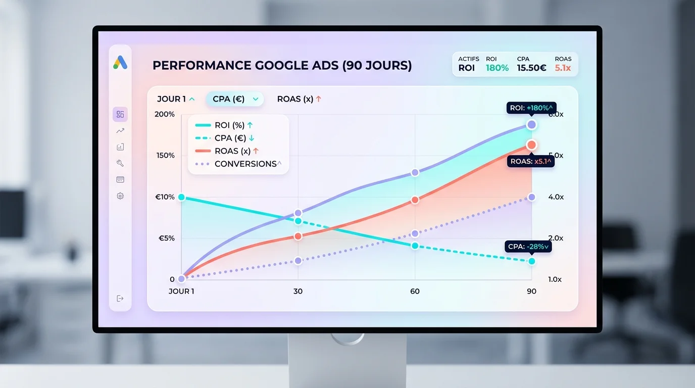 Graphique de performance Google Ads montrant courbe ROI ascendante sur 90 jours avec indicateurs CPA en baisse et ROAS en hausse affichés sur écran