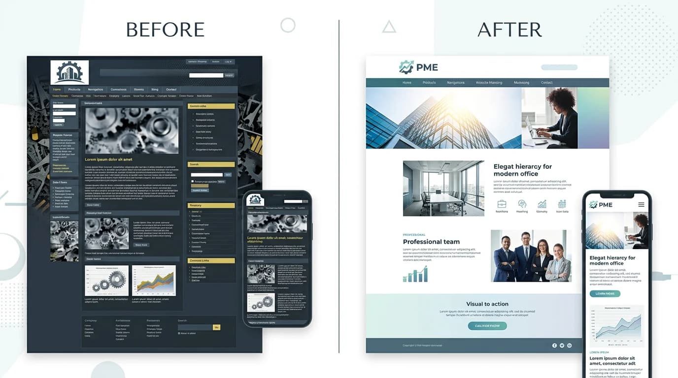 Comparatif côte à côte d'un site PME avant refonte avec design daté et navigation encombrée, et après refonte avec design épuré et optimisation mobile