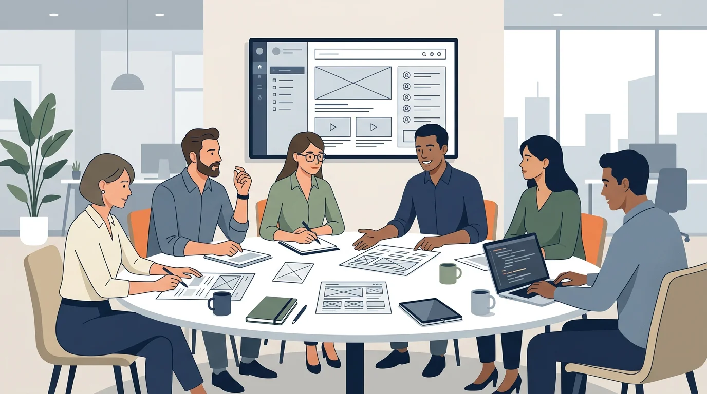 Équipe d'une agence web en réunion de lancement de projet autour d'une table avec wireframes affichées sur un écran et maquettes papier