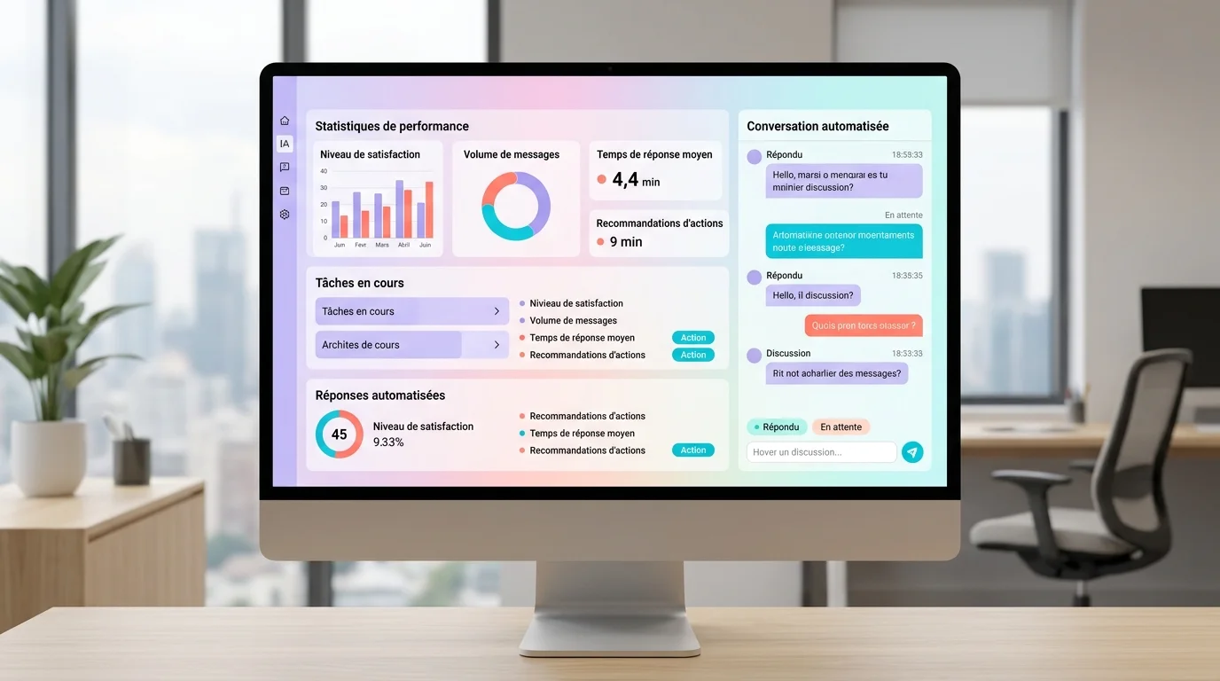 Interface d'un assistant IA sur écran d'ordinateur avec tableau de bord et conversations automatisées dans un bureau moderne