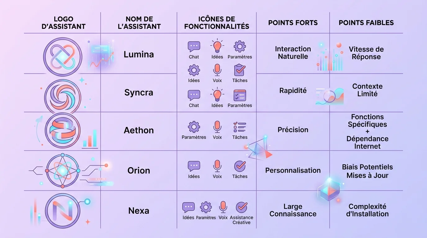 Grille comparative de sept logos d'assistants IA disposés sur un fond gradient violet avec icônes de fonctionnalités