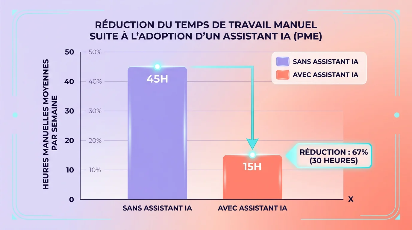 Graphique en barres montrant la réduction du temps de travail manuel avant et après l'adoption d'un assistant IA en PME