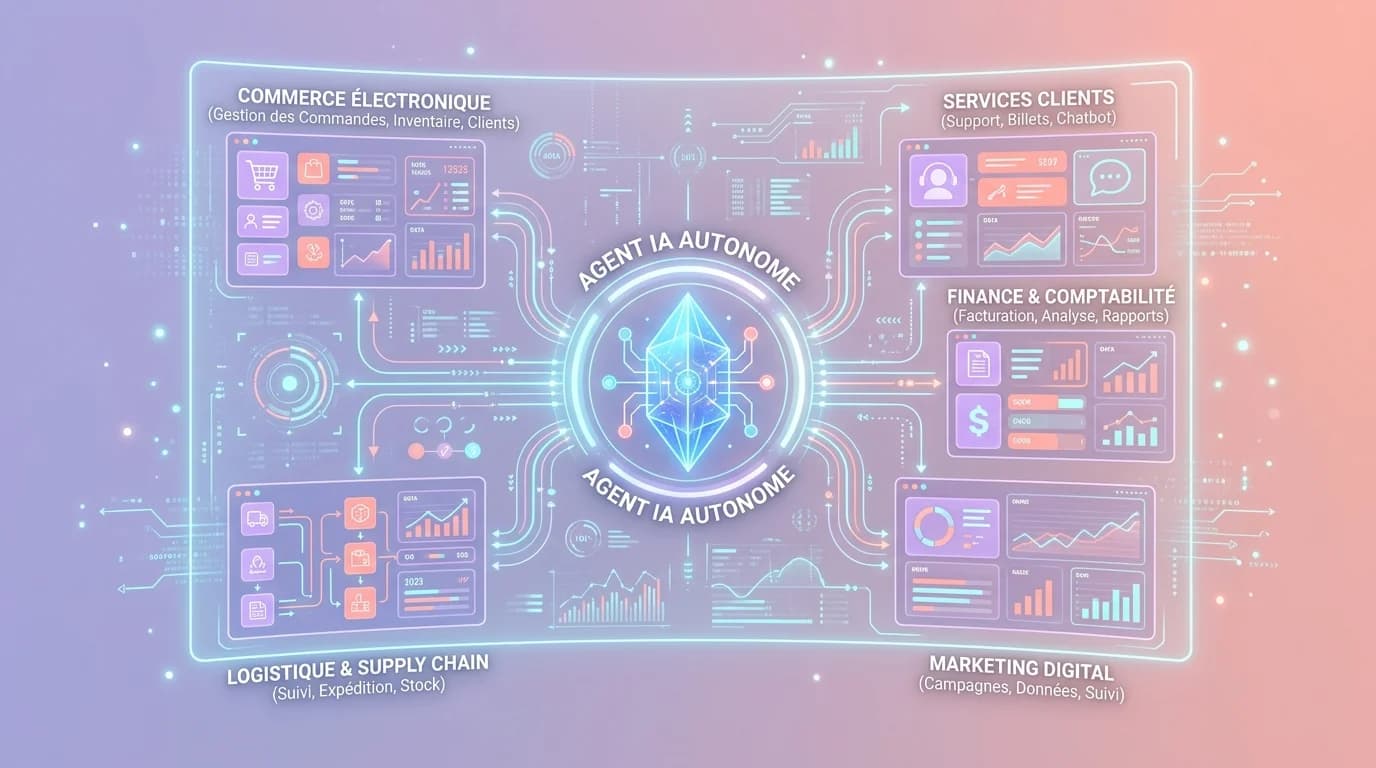 Schéma futuriste montrant un agent IA autonome connecté à plusieurs applications métier sur un écran holographique