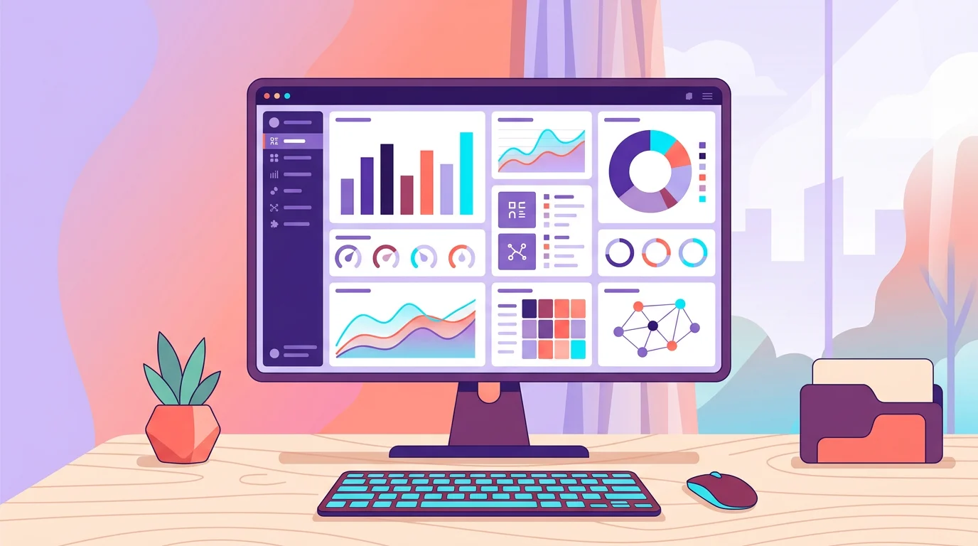 Ecran d'ordinateur affichant un tableau de bord avec un assistant IA analysant des donnees dans un bureau de PME moderne