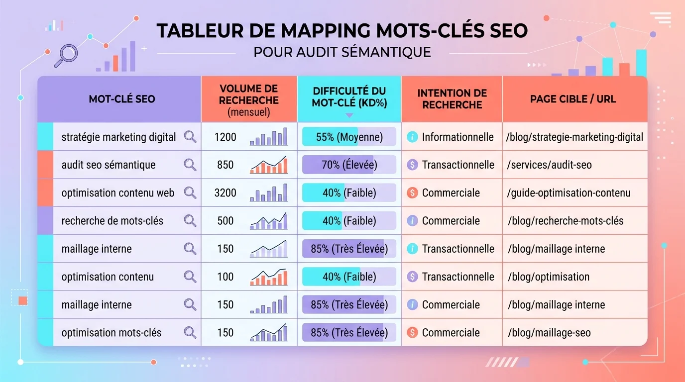 Tableur de mapping mots-clés SEO avec colonnes volume, difficulté et pages cibles pour audit sémantique
