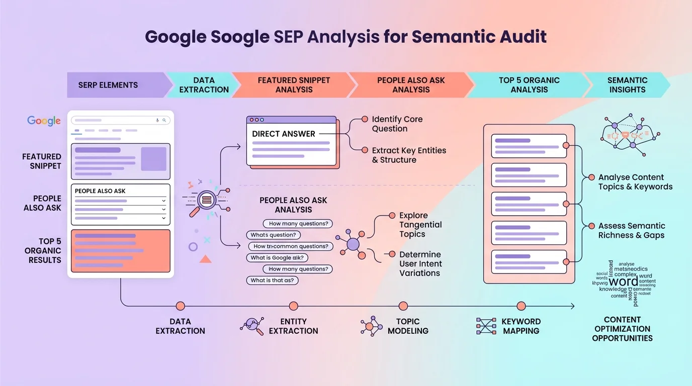 Analyse SERP Google avec featured snippet, People Also Ask et top 5 organiques pour audit sémantique