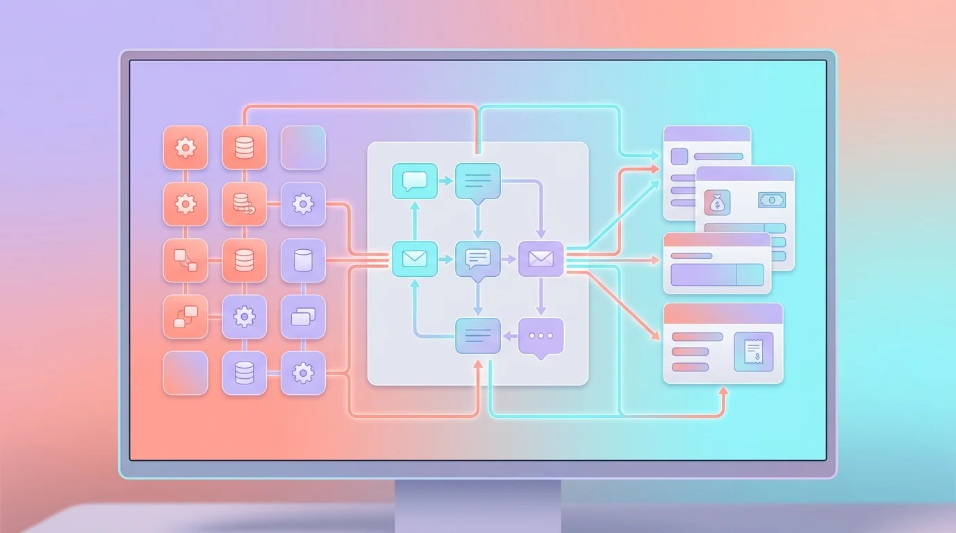 Écran d'ordinateur affichant un tableau de bord avec des workflows automatisés reliant un CRM, une messagerie et un outil de facturation