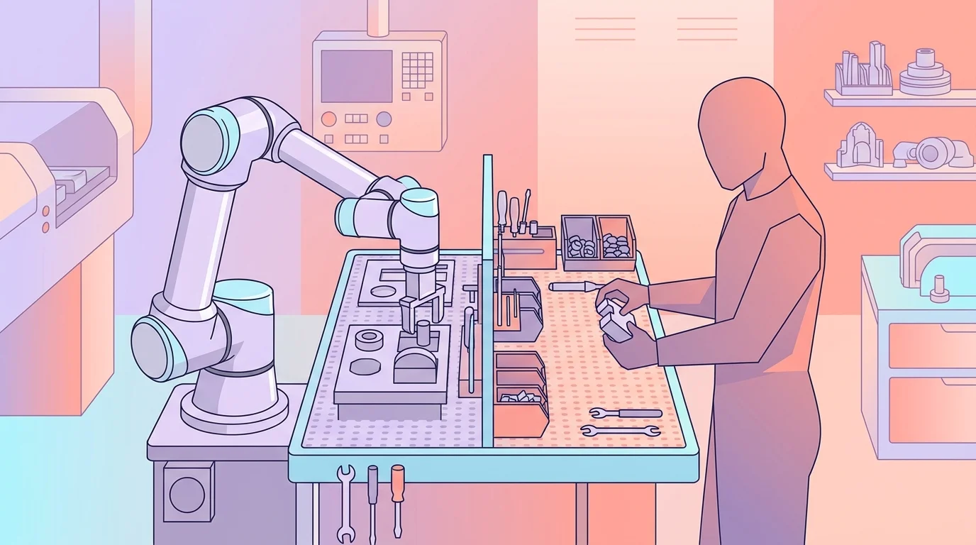 Robot collaboratif cobot avec bras articule travaillant a cote d'un operateur dans un atelier PME industrielle