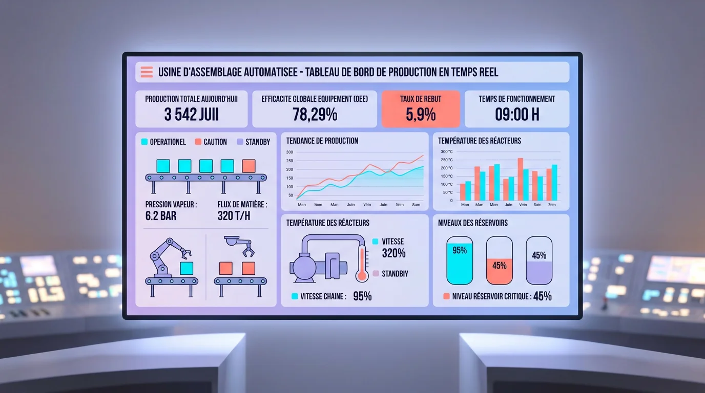 Tableau de bord SCADA avec graphiques temps reel de production industrielle sur ecran large dans une salle de controle