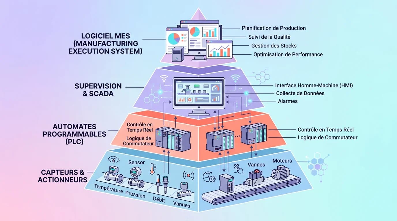 Schema des 4 couches de l'automatisation industrielle avec capteurs, automates PLC, ecran SCADA et logiciel MES connectes en pyramide
