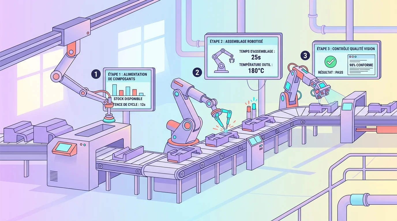 Ligne de production automatisee dans une usine PME avec ecrans de supervision SCADA et bras robotises