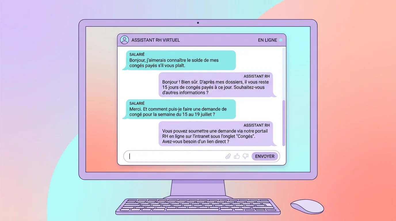 Interface de chatbot RH sur écran d'ordinateur affichant une conversation entre un salarié et l'assistant virtuel avec des bulles de dialogue