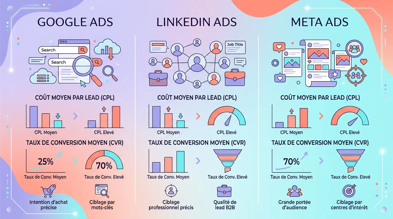 Tableau comparatif visuel des canaux publicitaires pour la génération de leads : Google Ads, LinkedIn Ads et Meta Ads avec coûts et taux de conversion