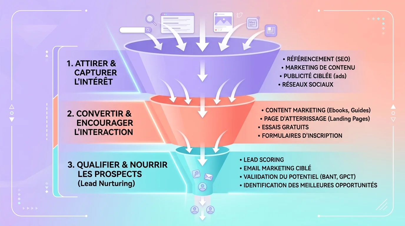 Schéma en entonnoir montrant les trois étapes de la génération de leads : attirer, convertir et qualifier les prospects
