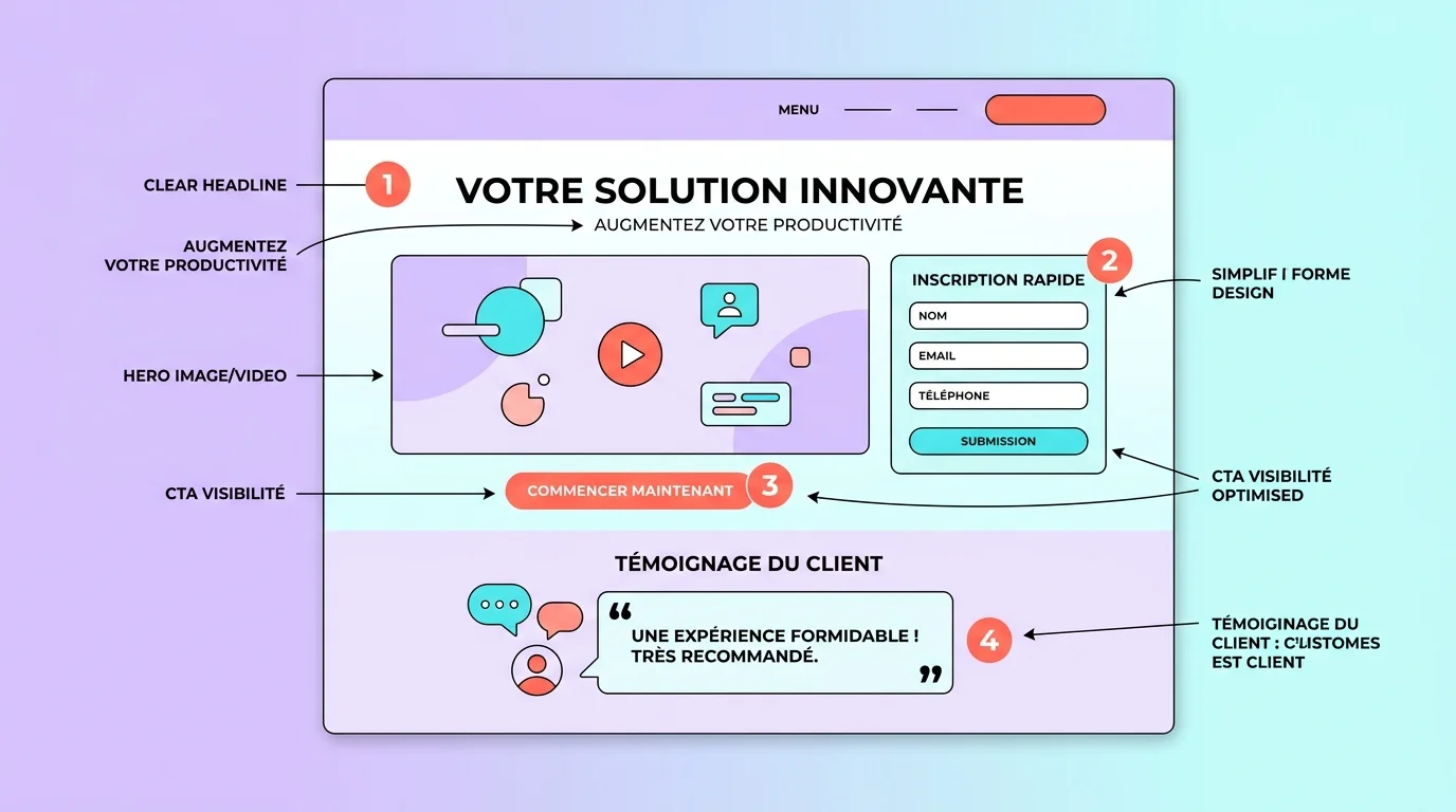 Maquette annotée d'une landing page optimisée avec formulaire court, CTA visible et témoignage client