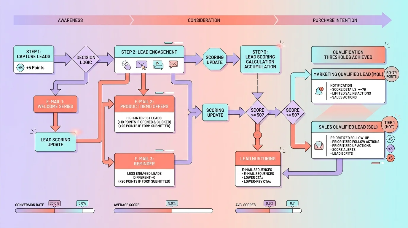 Workflow d'automatisation marketing montrant les étapes du lead scoring avec e-mails et seuils de qualification