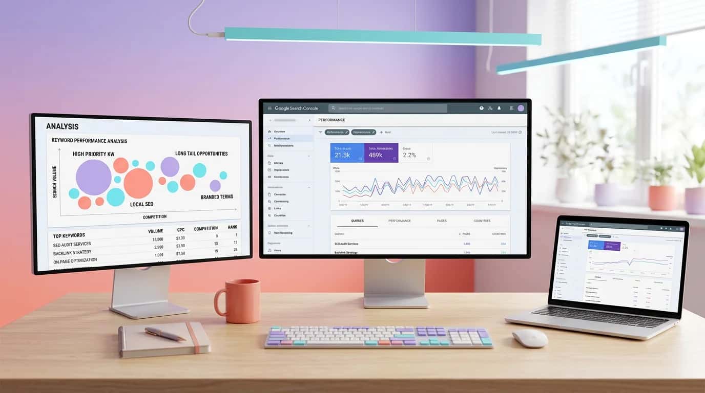 An SEO consultant's desk with screens displaying Google Search Console and a keyword analysis dashboard