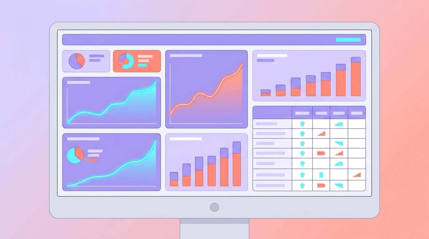 Ecran d'ordinateur affichant un dashboard SEO avec courbes de trafic ascendantes et tableau de positions Google