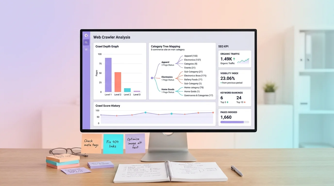 Bureau avec grand écran montrant crawl e-commerce, catégories, filtres et KPI SEO sur un tableau sombre