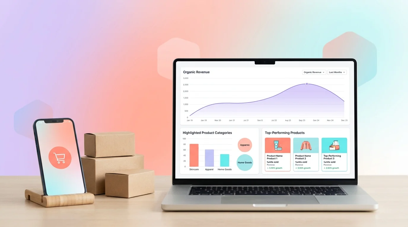 Tableau de bord e-commerce avec courbes SEO, revenu organique, catégories et produits en surbrillance