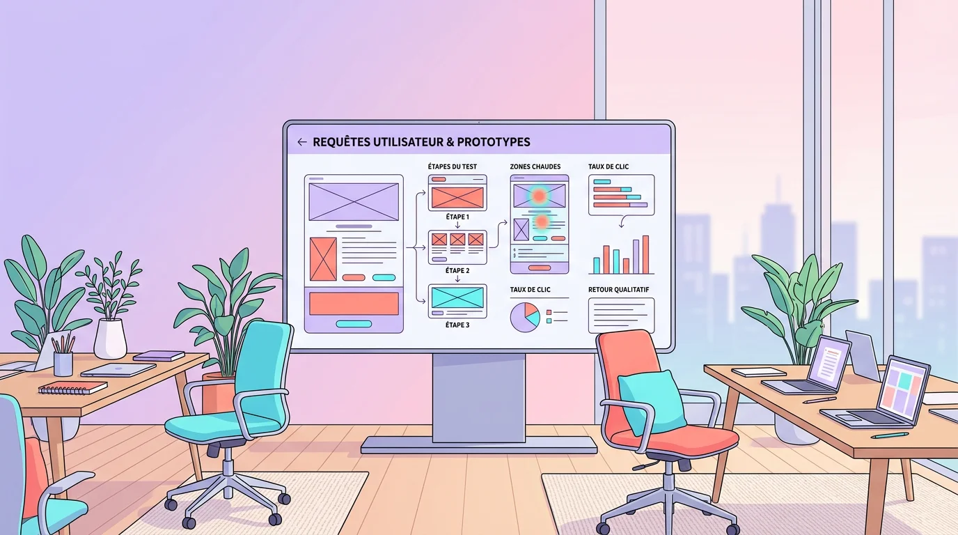 Équipe pluridisciplinaire autour d'un écran affichant des wireframes et des résultats de tests utilisateurs dans un bureau lumineux