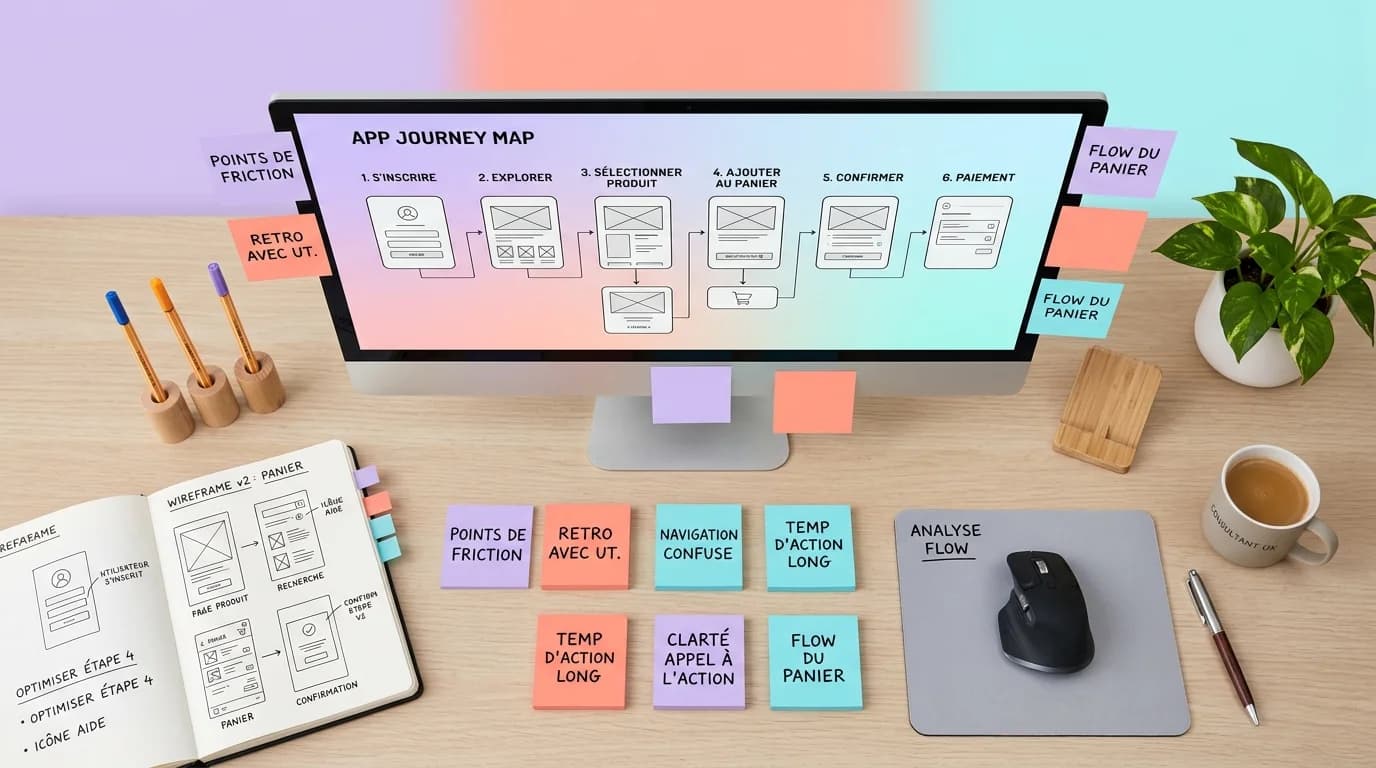 Consultant UX analysant un parcours utilisateur sur écran avec post-its colorés et maquettes wireframe sur un bureau moderne