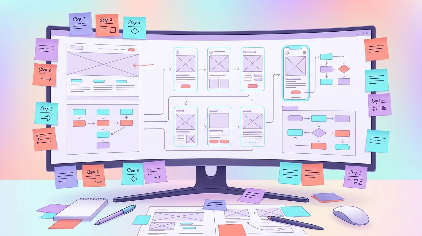 Consultant UX analysant des wireframes et des parcours utilisateurs sur un écran large avec des post-it colorés autour