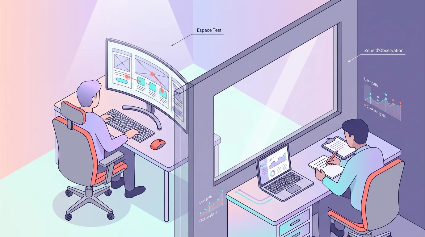 Session de test utilisateur avec un participant devant un écran et un consultant UX prenant des notes derrière une vitre