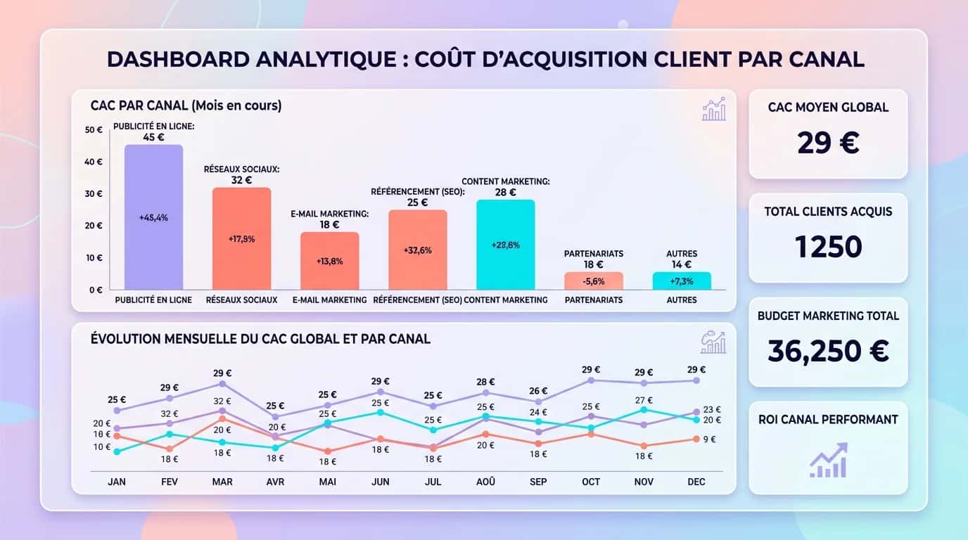 Analytics dashboard showing customer acquisition cost by channel with bars and a monthly trend line