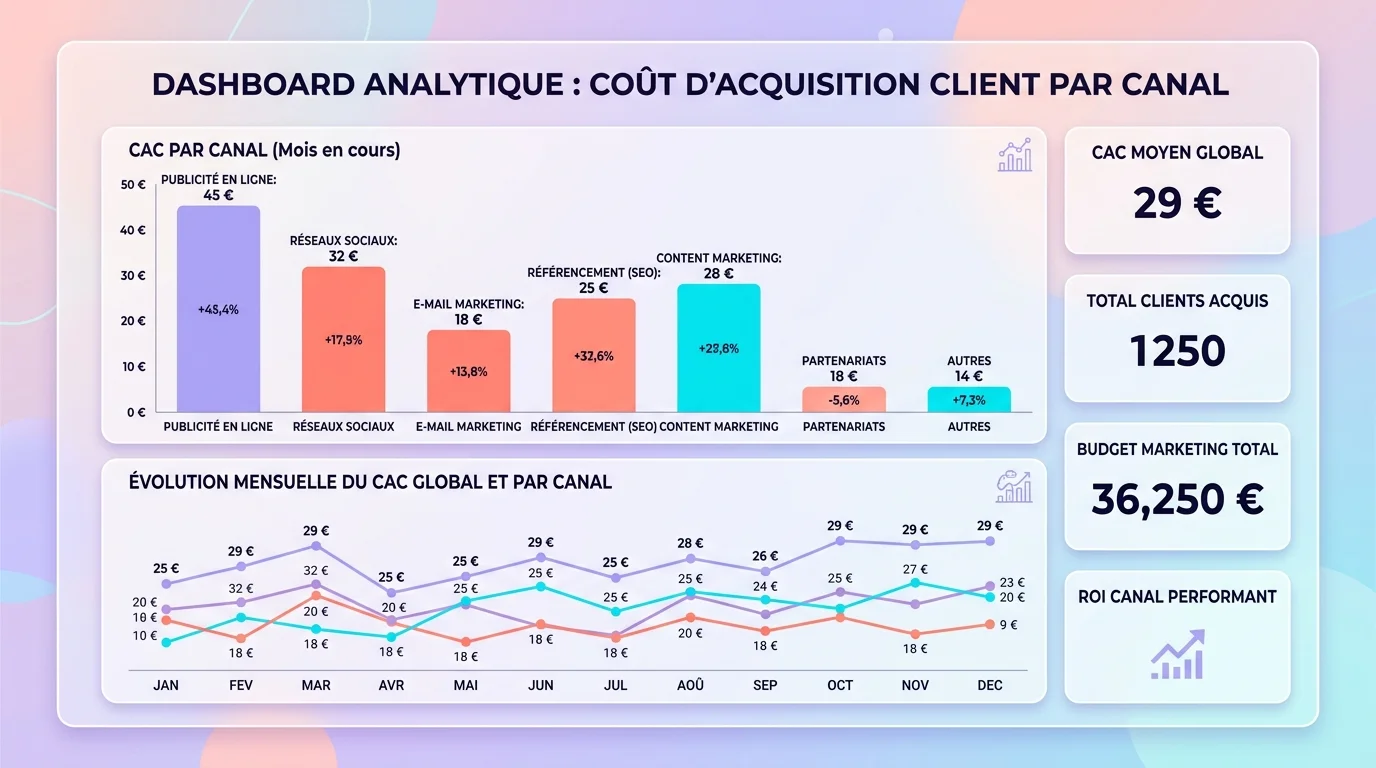 Dashboard analytics affichant le coût d'acquisition client par canal avec graphiques barres et courbe d'évolution mensuelle