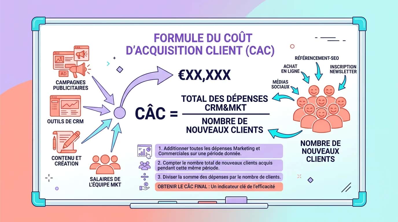 Customer acquisition cost formula on a whiteboard, with arrows linking marketing spend to customer numbers