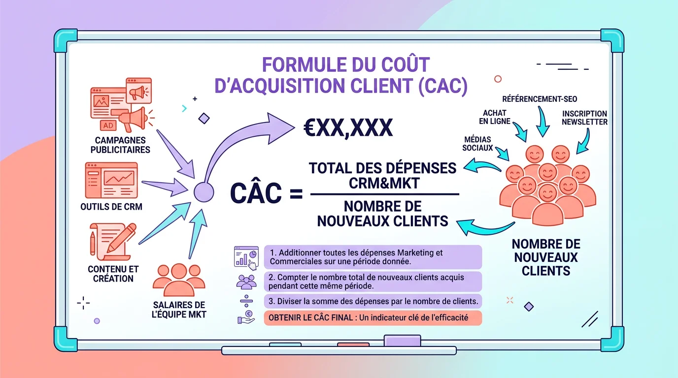 Formule du coût d'acquisition client affichée sur un tableau blanc avec des flèches reliant dépenses marketing et nombre de clients