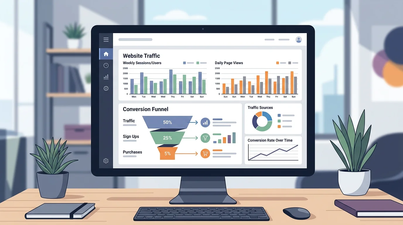 Dashboard Google Analytics 4 affichant le taux de conversion et l’entonnoir de conversion d’un site vitrine PME