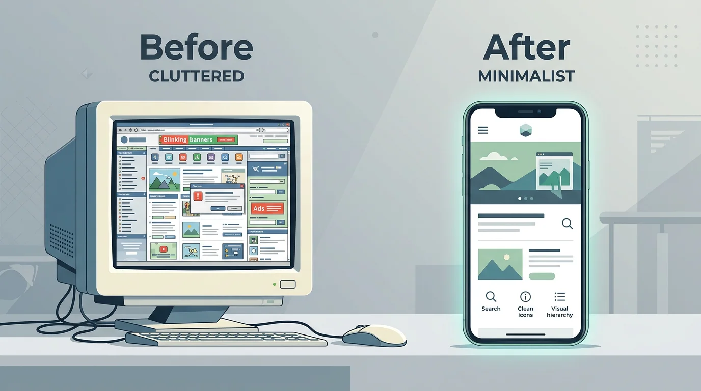 Comparatif visuel côte à côte d’un site PME ancien surchargé sur mobile versus un site Webflow moderne et épuré