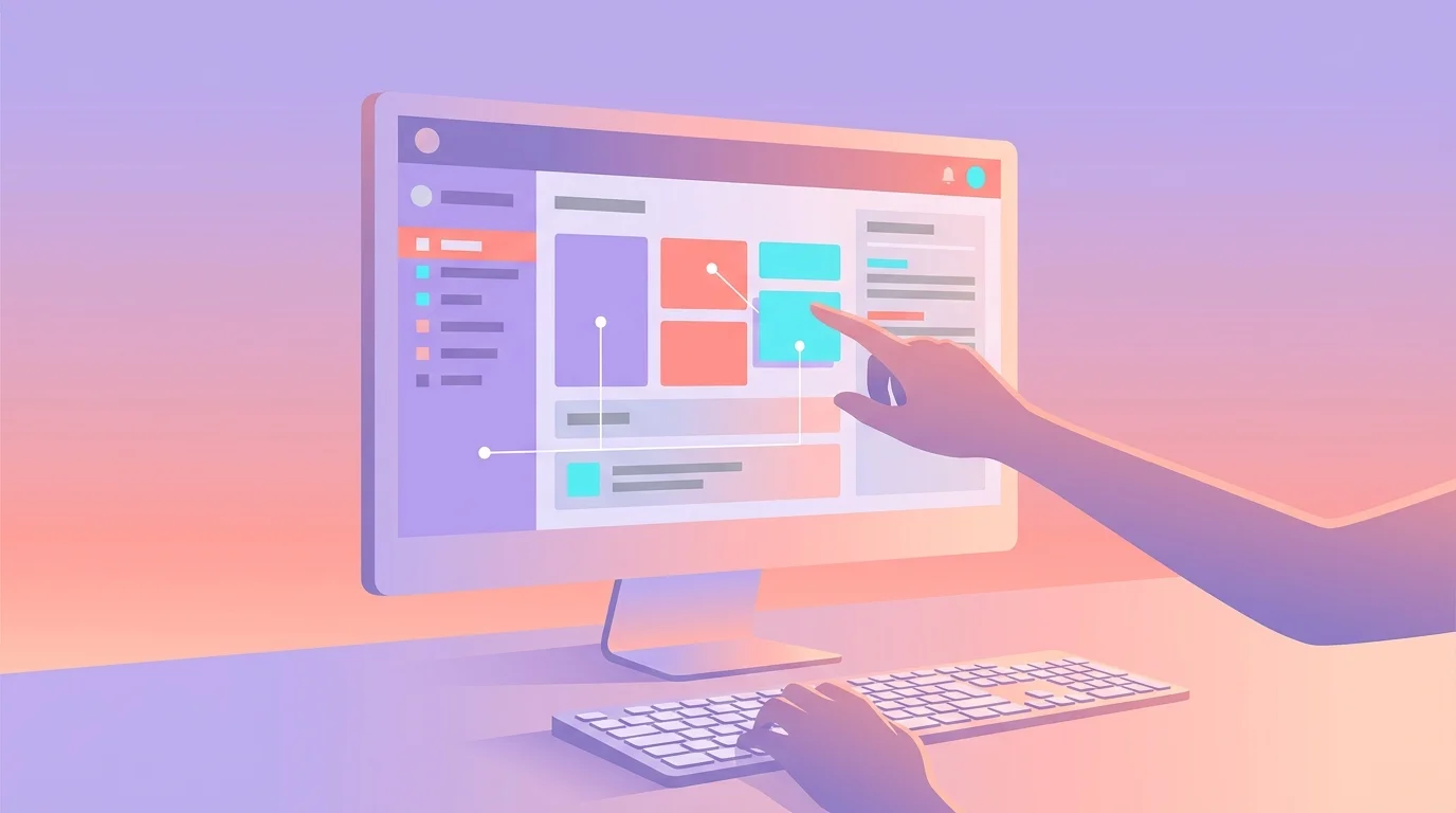Ecran d'ordinateur affichant le tableau de bord WordPress avec un formateur pointant des elements de configuration a un stagiaire assis devant le clavier