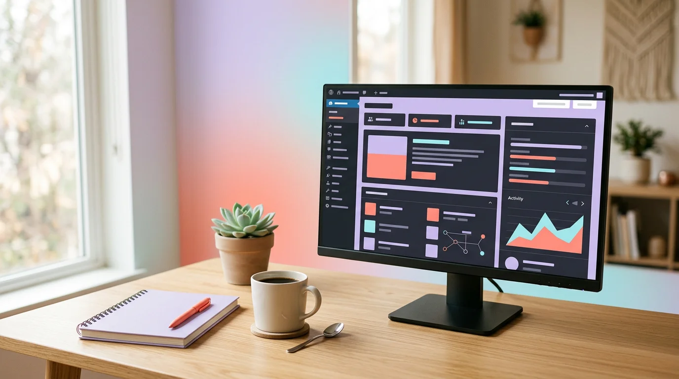 Ecran d ordinateur affichant le tableau de bord WordPress avec un cahier de notes et un cafe pose sur un bureau en bois clair