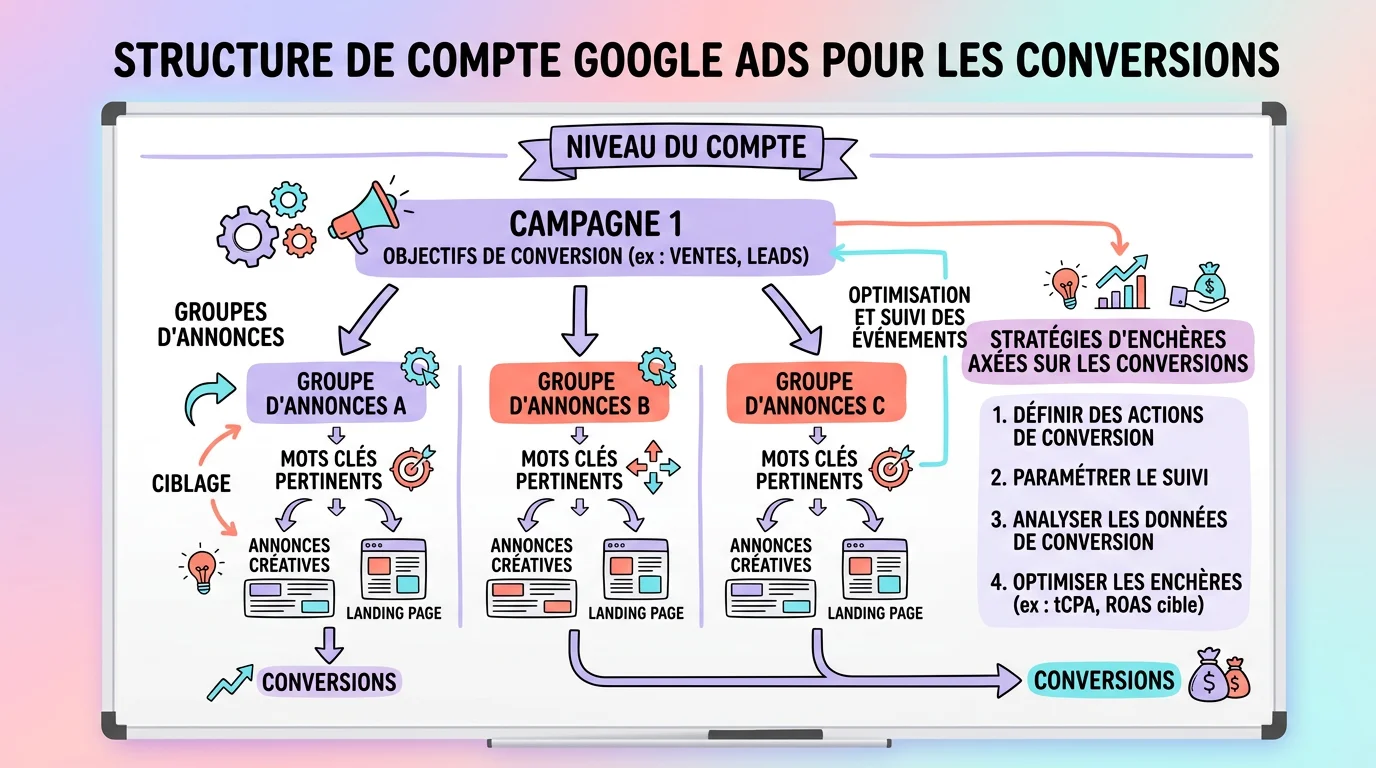 Tableau blanc montrant une structure de compte Google Ads avec campagnes, groupes d’annonces et conversions