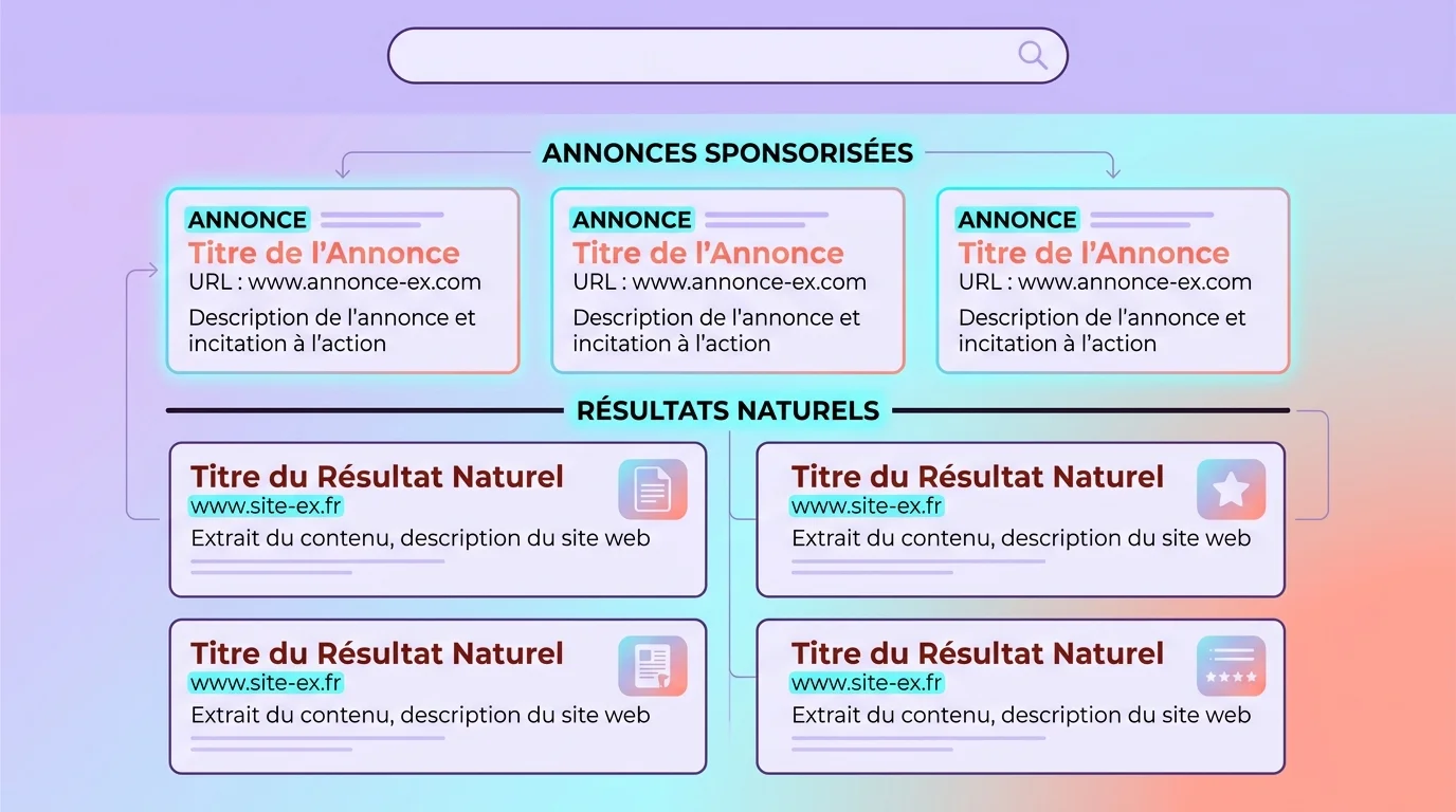 Schéma d’une page Google avec annonces sponsorisées en haut et résultats naturels en dessous