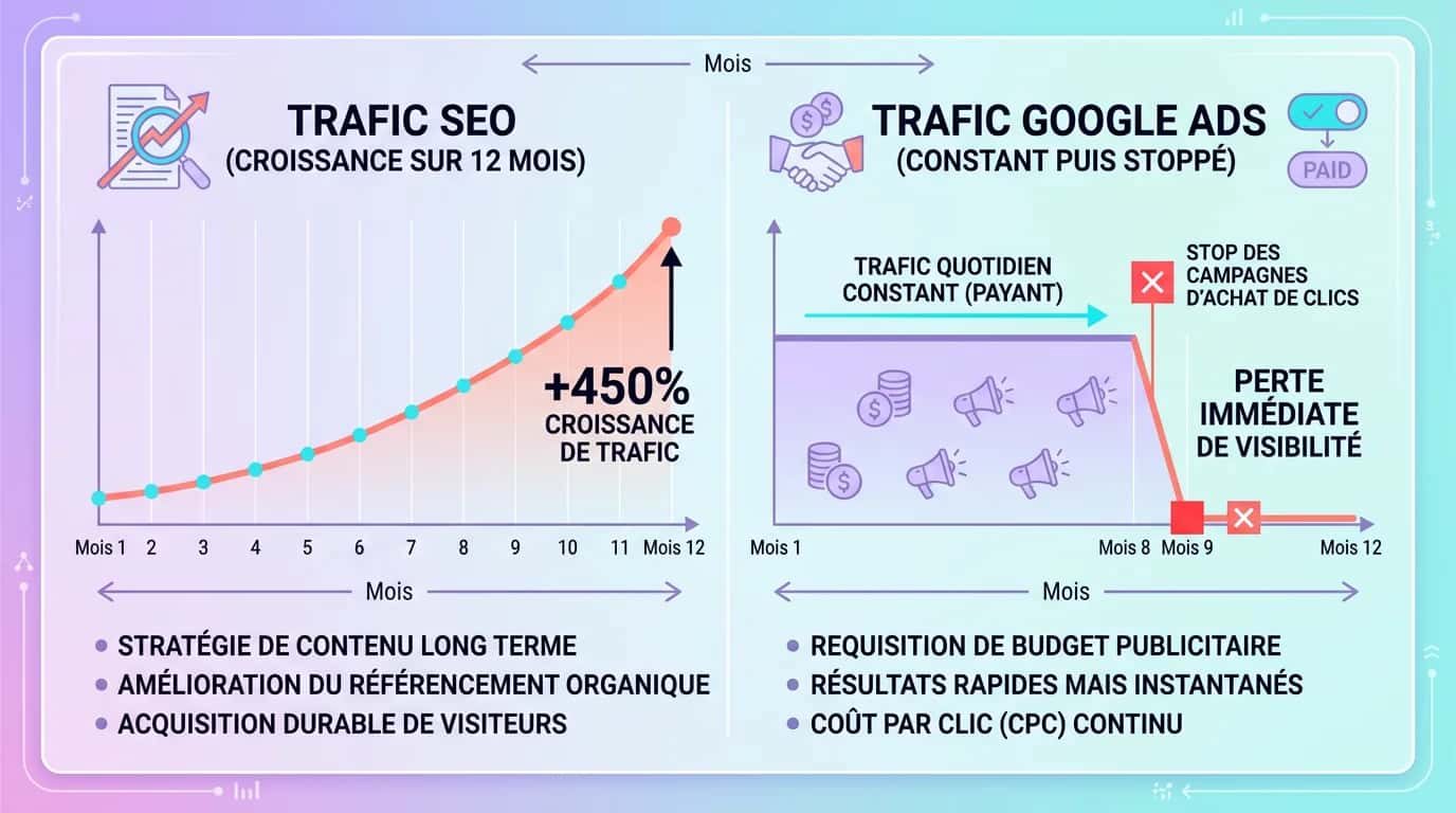 Chart comparing a rising 12-month SEO traffic curve with steady Google Ads traffic that stops abruptly