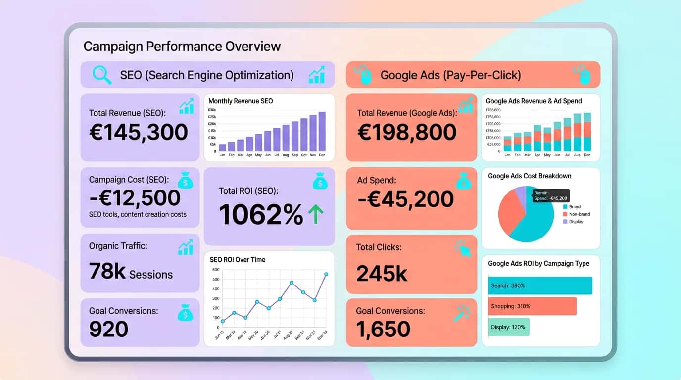 Dashboard comparing ROI metrics for SEO and Google Ads campaigns