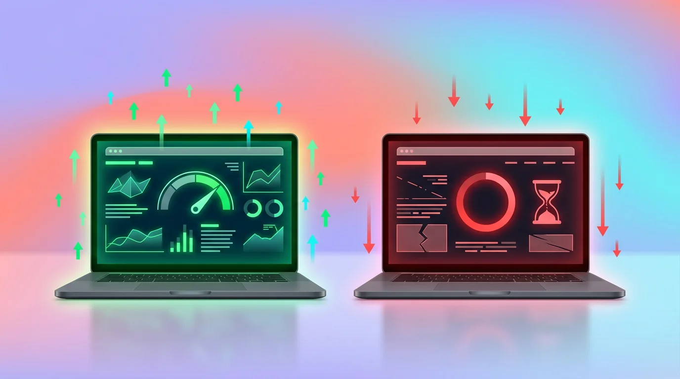 Two computer screens side by side, one showing a fast page with a green gauge and the other a slow load with a broken hourglass