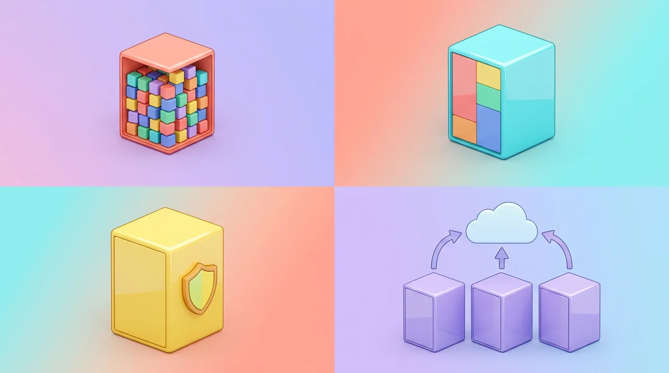 Schema des 4 types d hebergement web : mutualise, VPS, serveur dedie et cloud avec illustrations colorees