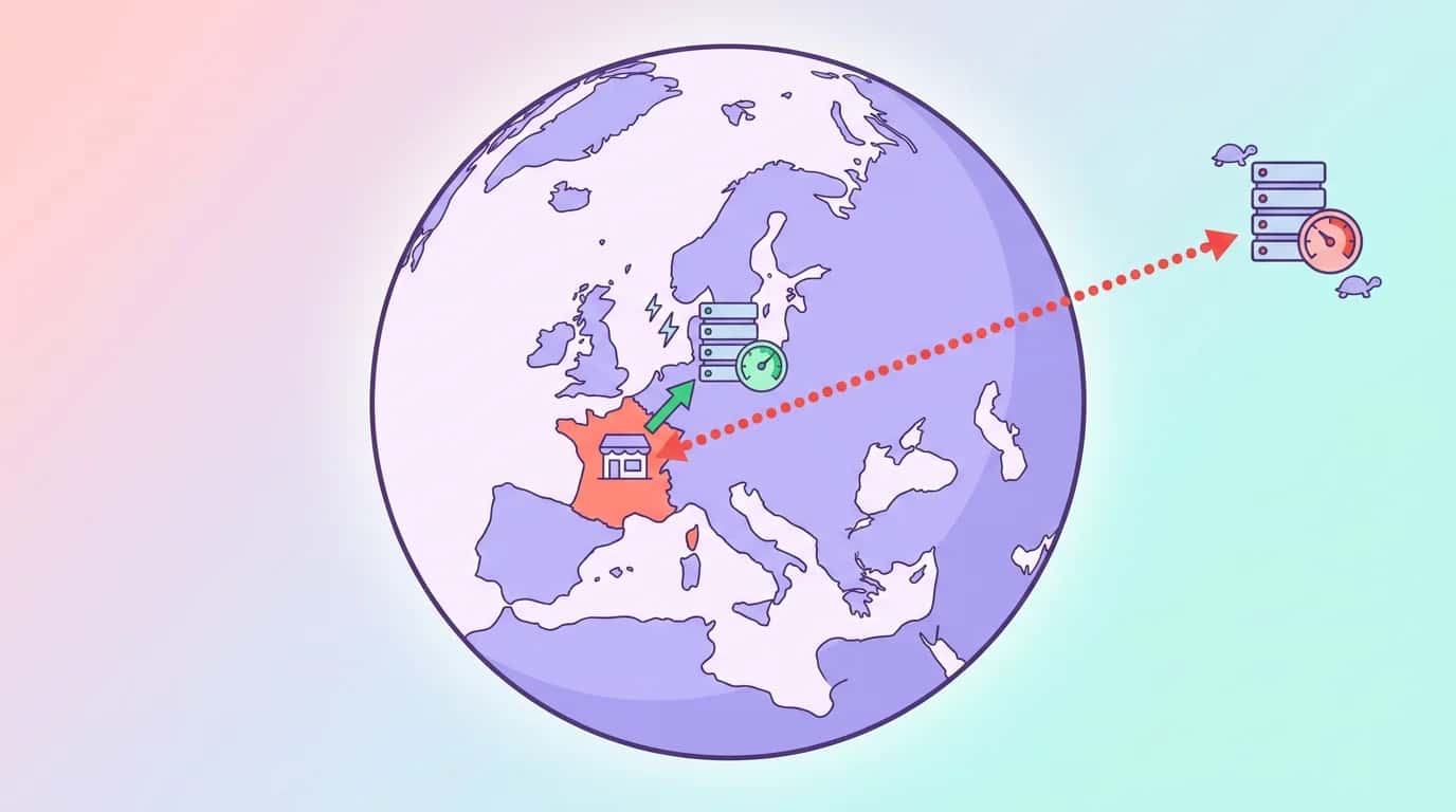 Globe showing Europe with a short green arrow to a fast French server and a long red arrow to a slow distant server