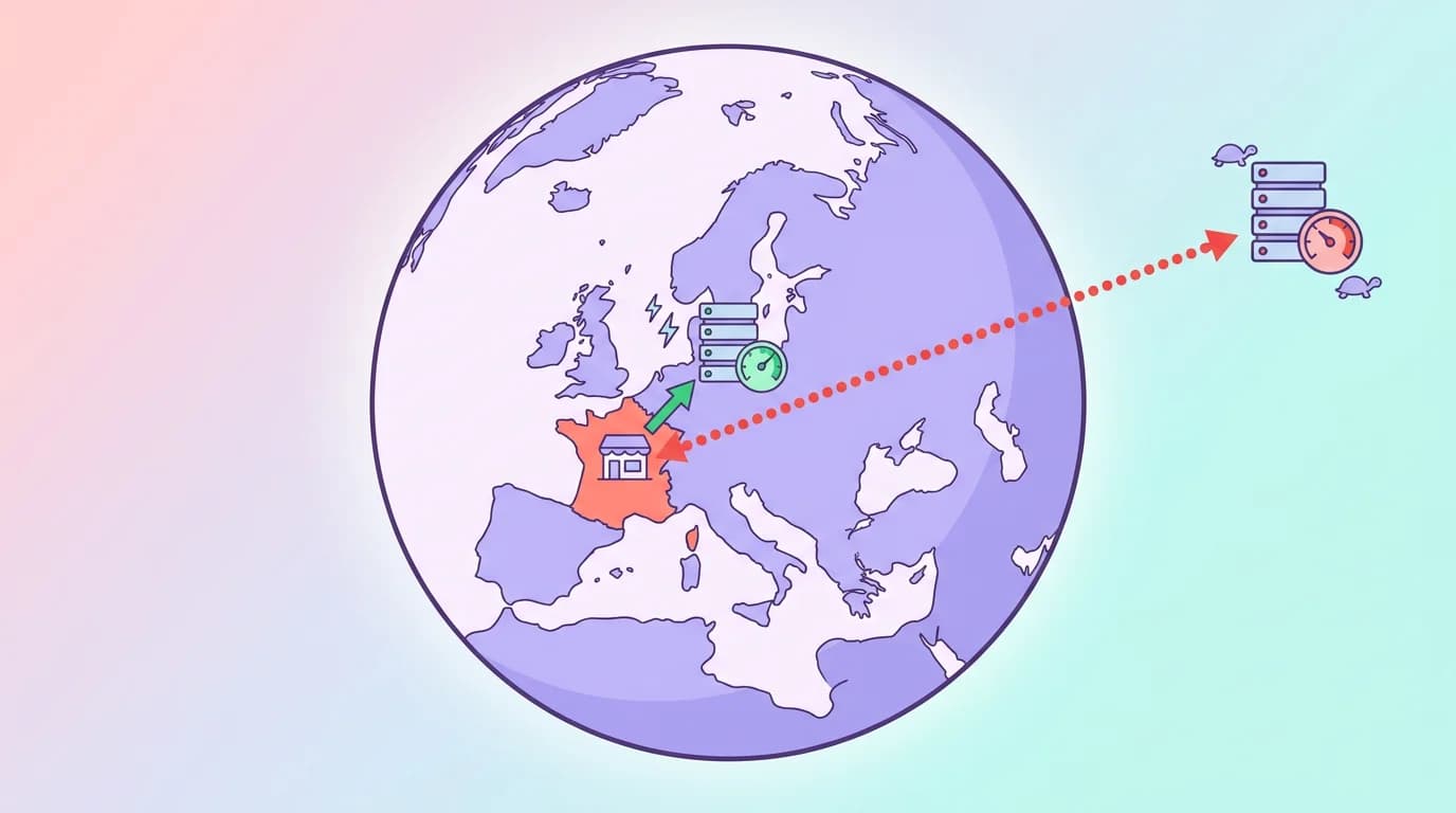 Globe montrant l Europe avec fleche verte courte vers serveur France rapide et fleche rouge longue vers serveur distant lent