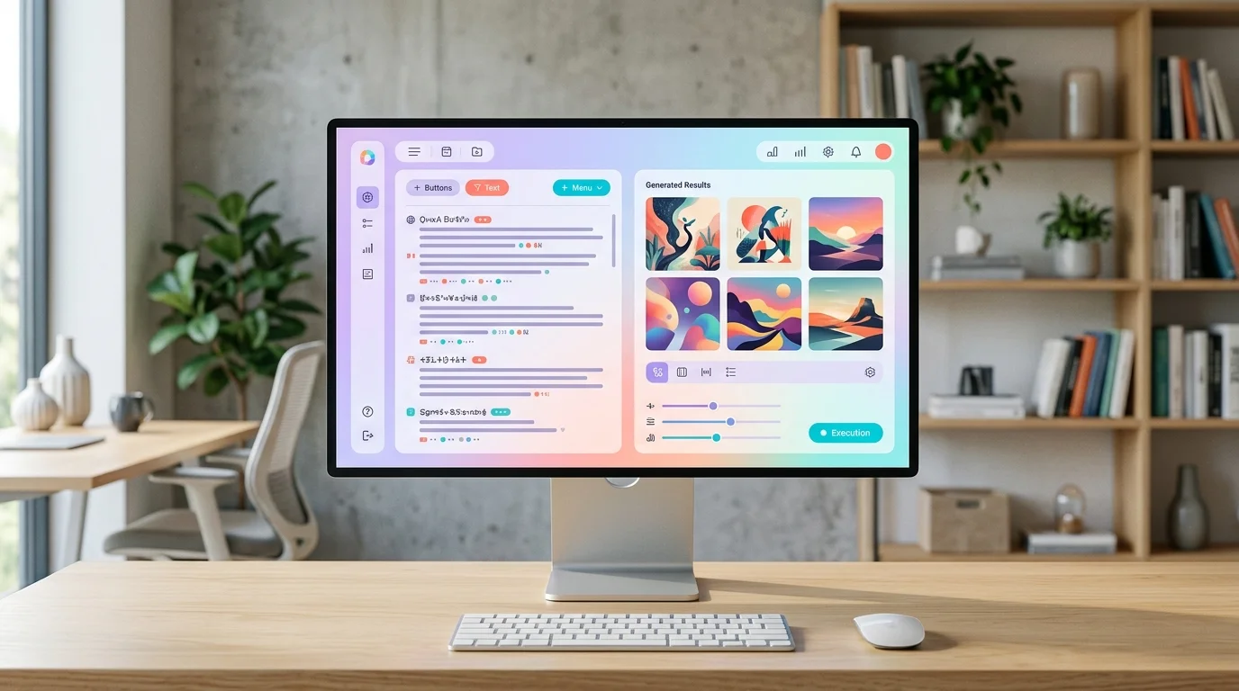 Ecran d'ordinateur affichant une interface d'IA generative avec des resultats texte et image cote a cote dans un bureau moderne eclaire
