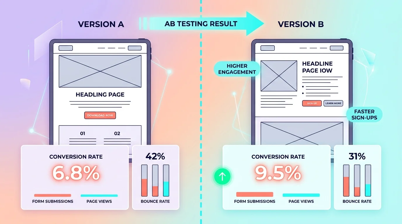 Comparaison côte à côte de deux versions d'une landing page Google Ads version A et B avec indicateurs de conversion