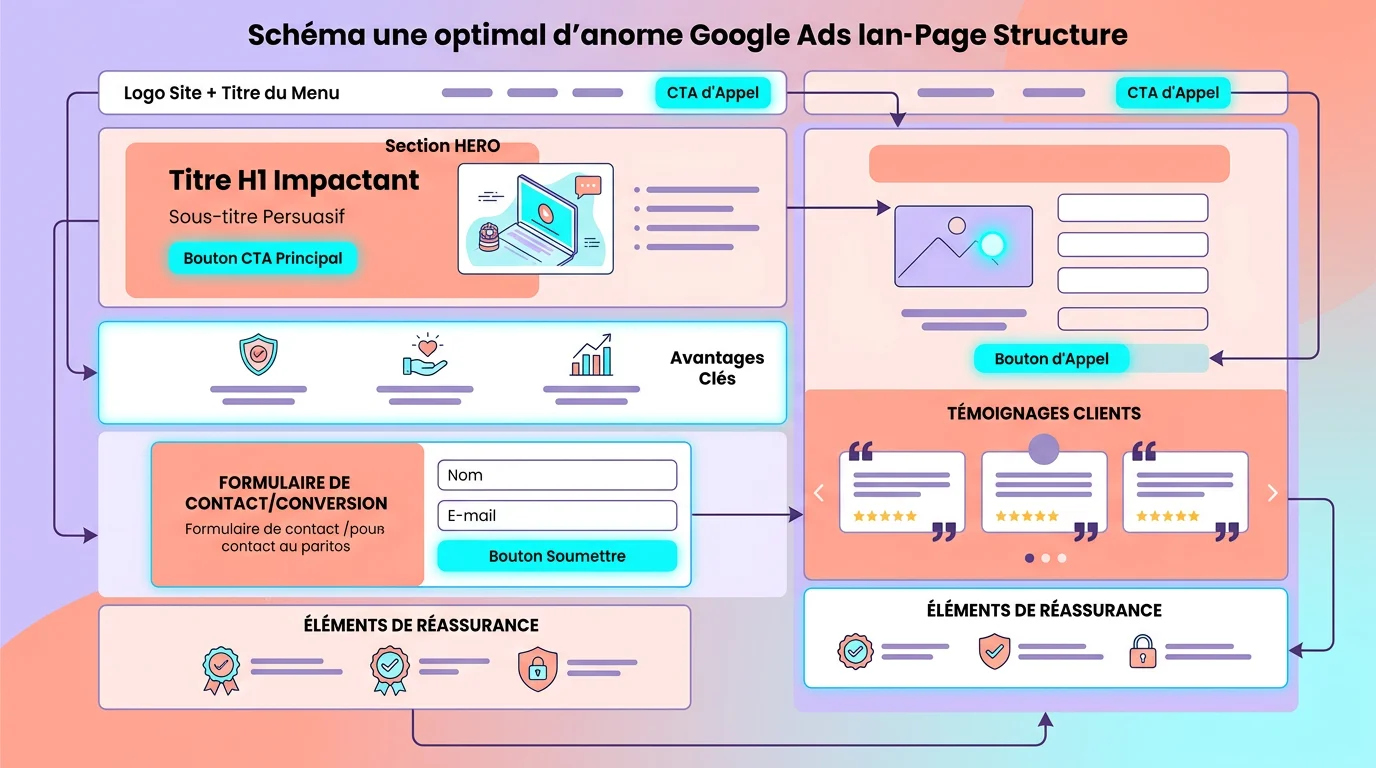 Schéma de la structure optimale d'une landing page Google Ads avec zones header hero formulaire et témoignages