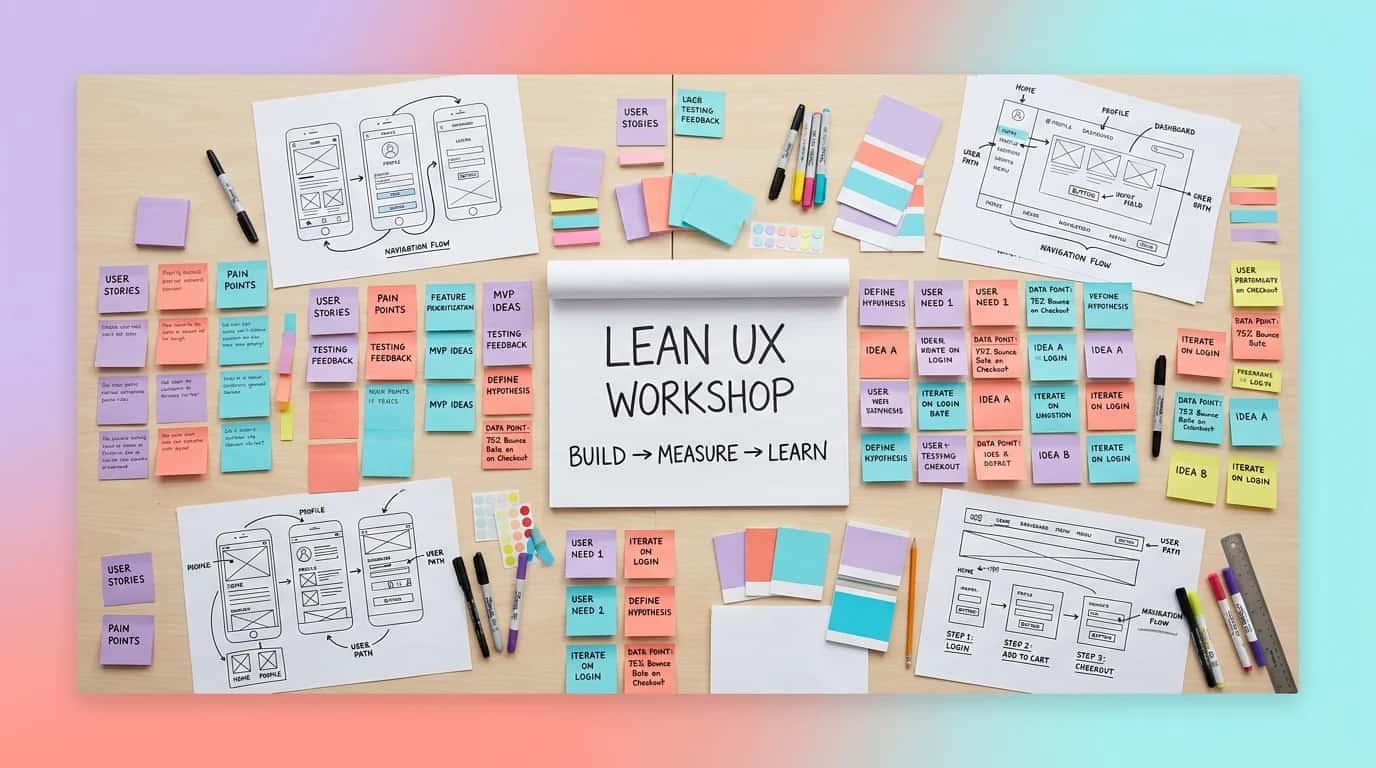Design team around a table with paper wireframes and colourful sticky notes during a Lean UX session