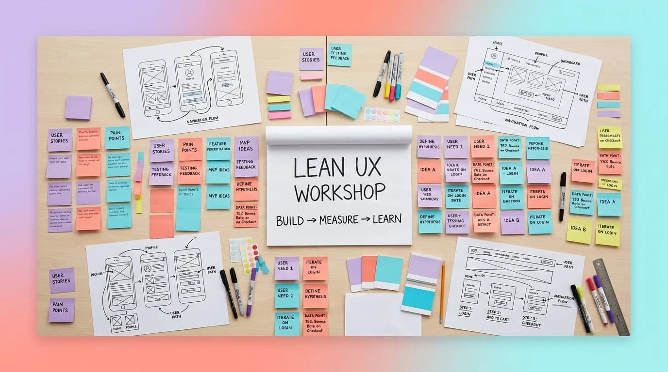 Équipe de designers autour d'une table avec des wireframes papier et post-its colorés lors d'un atelier Lean UX