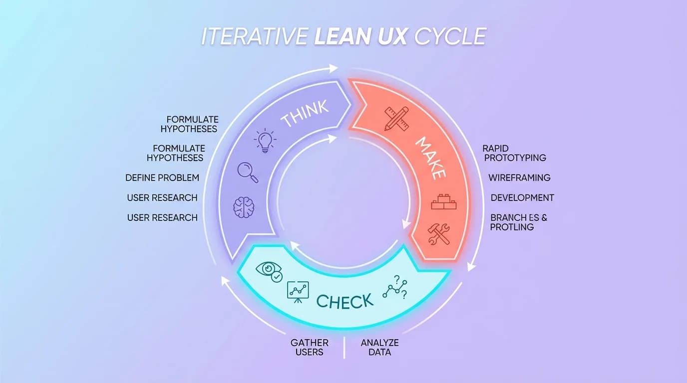 Diagramme circulaire du cycle Lean UX avec trois phases Think Make Check reliées par des flèches